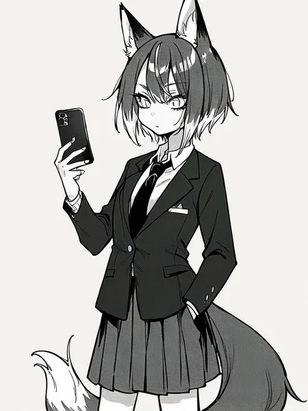 score_9, score_8_up, score_7_up,
1girl, monochrome, medium hair, grey hair, fox ears, fox tail, white eyes, slit pupils, standing, school uniform, blazer, hand in pocket, white background, holding phone, looking at phone, loose socks, pleated skirt, grey skirt, necktie, medium breasts, white highlights, solo,