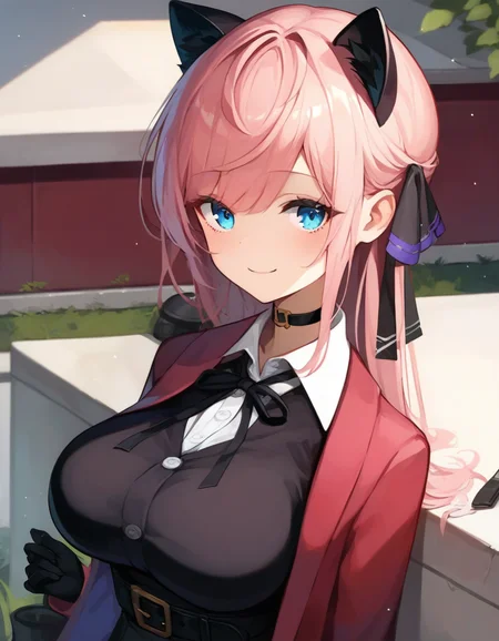 score_9,score_8_up,score_7_up,score_6_up BREAK official art,solo,outdoors,smile,upper body,(portrait:1.5),looking at viewer,facing viewer,Vivi,cat ears,long hair,pink hair,hair ribbon,black ribbon,sidelocks,bangs,blue eyes,choker,red coat,black dress,collared shirt,white shirt,shirt under dress,neck ribbon,white button,long sleeves,black gloves,large breasts,black belt,black thighhighs,zettai ryouiki,boots,black footwear,<lora:Vivi(v atmi)-Pony:1.4>,<lora:Smooth Anime Style LoRA XL:0.8>,