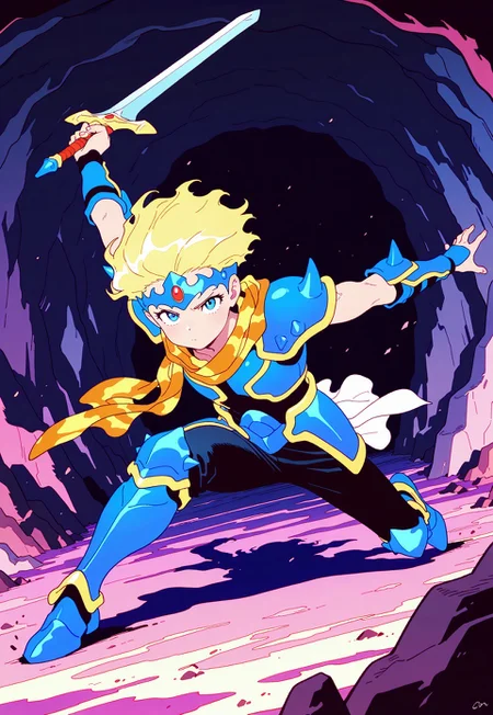 masterpiece, best quality, amazing quality, very aesthetic, absurdres, newest, ceodorff4tay, 1boy, short blonde hair, sleeveless, circlet, patterned scarf, spiked pauldrons, blue armor, blue vambraces, white loncloth, blue thighigh greaves, black pants, holding sword, action pose, looking at viewer, toned male, cave background, (((young adult)))