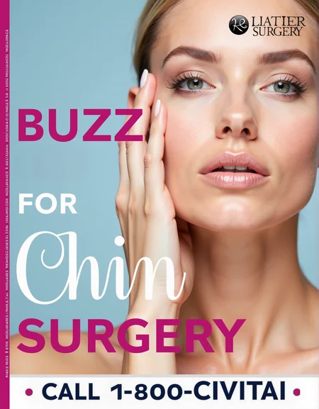 The advertisement text reads: "Buzz for Chin Surgery". An ad for plastic surgery, a pretty woman's face. The ad is vibrant, modern, and medical theme.
