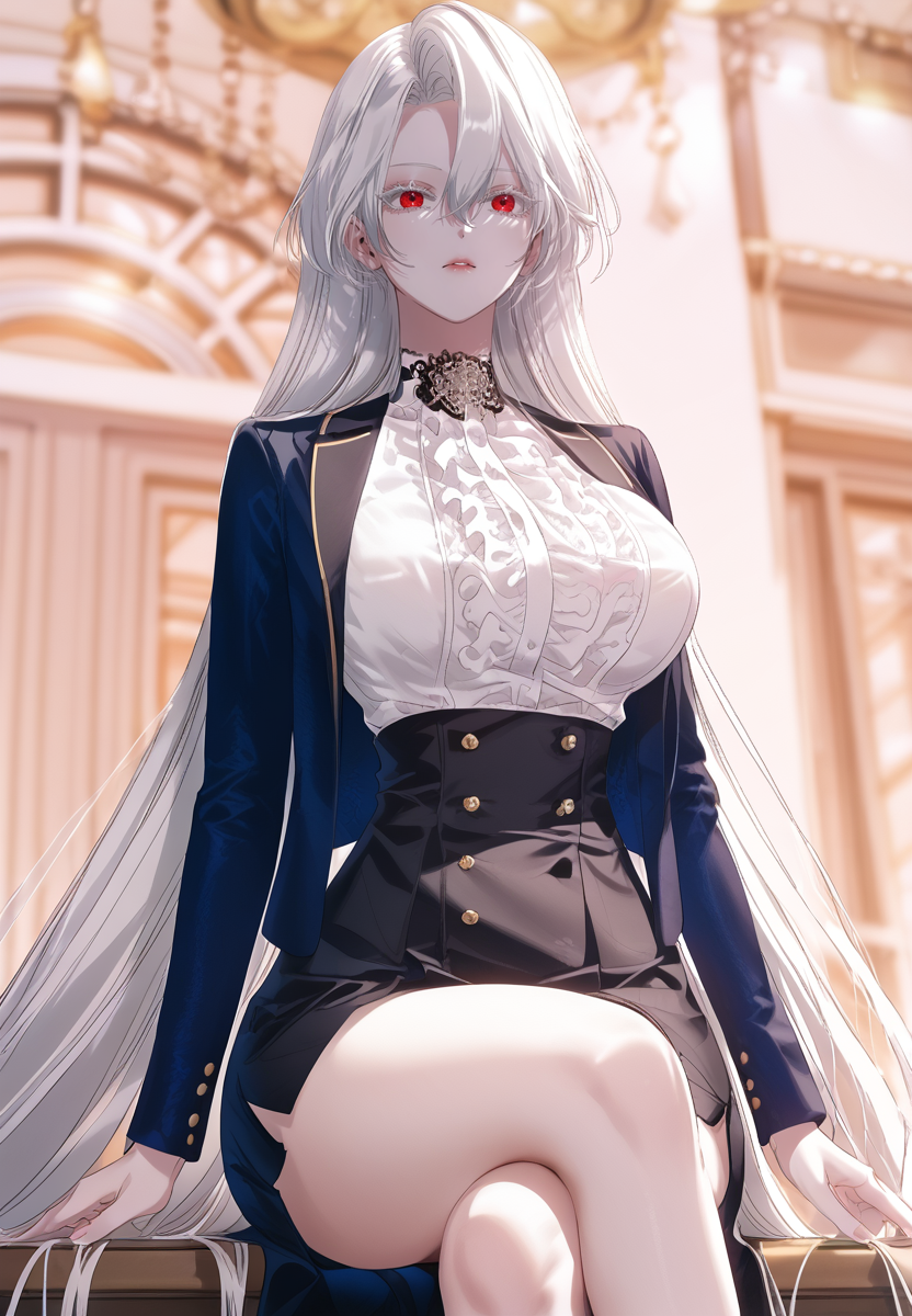 zPDXL3, score_9_up, score_8_up, score_7_up, (Anime_source),Masterpiece,(perfect female body:1.2), small waist,(incredibly detailed:1.4), slim, beautiful fingers, beautiful white skin, Beautiful clear skin, perky breasts, looking at viewer,raviel_ivansia, long hair, white hair, very long hair, 1girl, red eyes, eyelashes, <lora:Raviel_Ivansia_-_SSS-Class_Suicide_Hunter-PONY-Kaleid:1> (large breasts:1.5) (huge breasts:1.1) shirt, hair between eyes, skirt, jacket, expressionless, sitting, crossed legs, from below