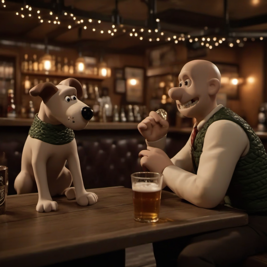 cinematic photo cinematic photo 1boy, bald, solo,  whool vest,  teeth, having a beer with a dog in a pub <lora:WallaceGromit1024:0.8> . 35mm photograph, film, bokeh, professional, 4k, highly detailed . 35mm photograph, film, bokeh, professional, 4k, highly detailed