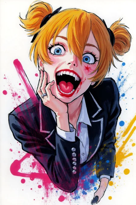 regr1 sketch masterpiece, best quality, amazing quality, very aesthetic, absurdres, newest, scenery, 1girl, toga himiko, teeth, open mouth, blood on face, smile, double bun, crazy eyes, holding knife, hand on own cheek, upper body, school uniform backlighting, from above, dutch angle, , close-up, photorealistic, dutch angle, (colorful), from above, (((paint splatter))),fisheye, , masterpiece, best quality, amazing quality, very aesthetic, absurdres, newest, scenery, volumetric lighting
background is stark white <lora:regr2_fashion_nocap_d6a3:1.0><lora:807703123243276508:0>