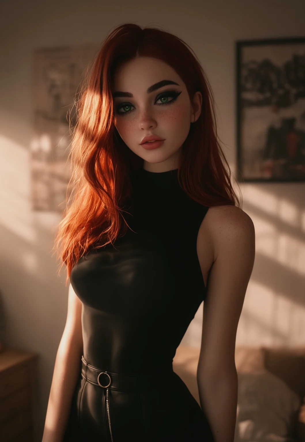 safe_pos, score_9, score_8_up, score_7_up, masterpiece, best quality, expressive, 1girl, toned body, fit, pale skin, long red hair, natural breasts, green eyes, (long black eyelashes:1.5), (dark eyeliner:1.5), glossy pink lips, (freckles:1.2),
messy bedroom, posters on the wall, lava lamp,
black choker, (small waist:1.7),
dappled lighting, god rays, volumetric lighting, ((standing)), goth, wide hips, narrow waist, horny, blushing, ((view from side)), goth, looking at viewer, tight black dress,
(8k uhd:1,4)
<lora:add-detail-xl:1>
<lora:Dynamic Poses:1>