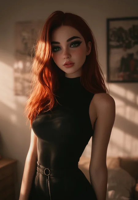 safe_pos, score_9, score_8_up, score_7_up, masterpiece, best quality, expressive, 1girl, toned body, fit, pale skin, long red hair, natural breasts, green eyes, (long black eyelashes:1.5), (dark eyeliner:1.5), glossy pink lips, (freckles:1.2),
messy bedroom, posters on the wall, lava lamp,
black choker, (small waist:1.7),
dappled lighting, god rays, volumetric lighting, ((standing)), goth, wide hips, narrow waist, horny, blushing, ((view from side)), goth, looking at viewer, tight black dress,
(8k uhd:1,4)
<lora:add-detail-xl:1>
<lora:Dynamic Poses:1>