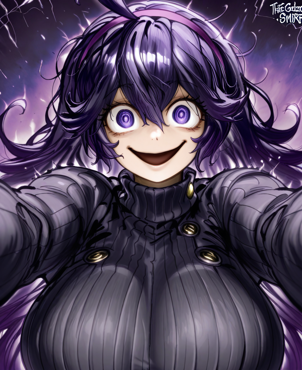 <lora:thegoldensmurfILLUS:1> thegoldensmurf,
(masterpiece), (best quality), (ultra-detailed), amazing quality, very aesthetic, illustration, perfect composition, intricate details, absurdres, incredibly absurdres, shiny skin, realistic,
 thegoldensmurf, 1girl, alternate breast size, breasts, purple hairband, solo, hairband, long hair, smile, purple hair, looking at viewer, ahoge, open mouth, dress, purple eyes, hair between eyes, turtleneck, ribbed sweater, upper body, sweater, huge breasts, crazy eyes, , messy hair, crazy smile, large breasts, kabedon, sensitive
