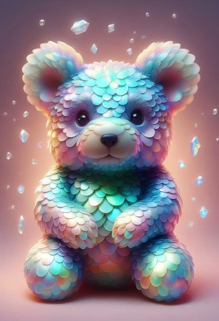 Glass and crystal teddy bear sculpture, lit from within, full body digital portrait, luminance, elixir glow, crystalcore technique, illuminated with soft colors, wide shot capturing the epic atmosphere, uncanny realism with Unreal Engine, trending on ArtStation, inspired by Katherine Stone and Harry Clarke, embodying pure perfection with a divine presence, volumetric light casting auras and rays, unforgettable impression, breat