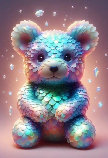 Glass and crystal teddy bear sculpture, lit from within, full body digital portrait, luminance, elixir glow, crystalcore technique, illuminated with soft colors, wide shot capturing the epic atmosphere, uncanny realism with Unreal Engine, trending on ArtStation, inspired by Katherine Stone and Harry Clarke, embodying pure perfection with a divine presence, volumetric light casting auras and rays, unforgettable impression, breat