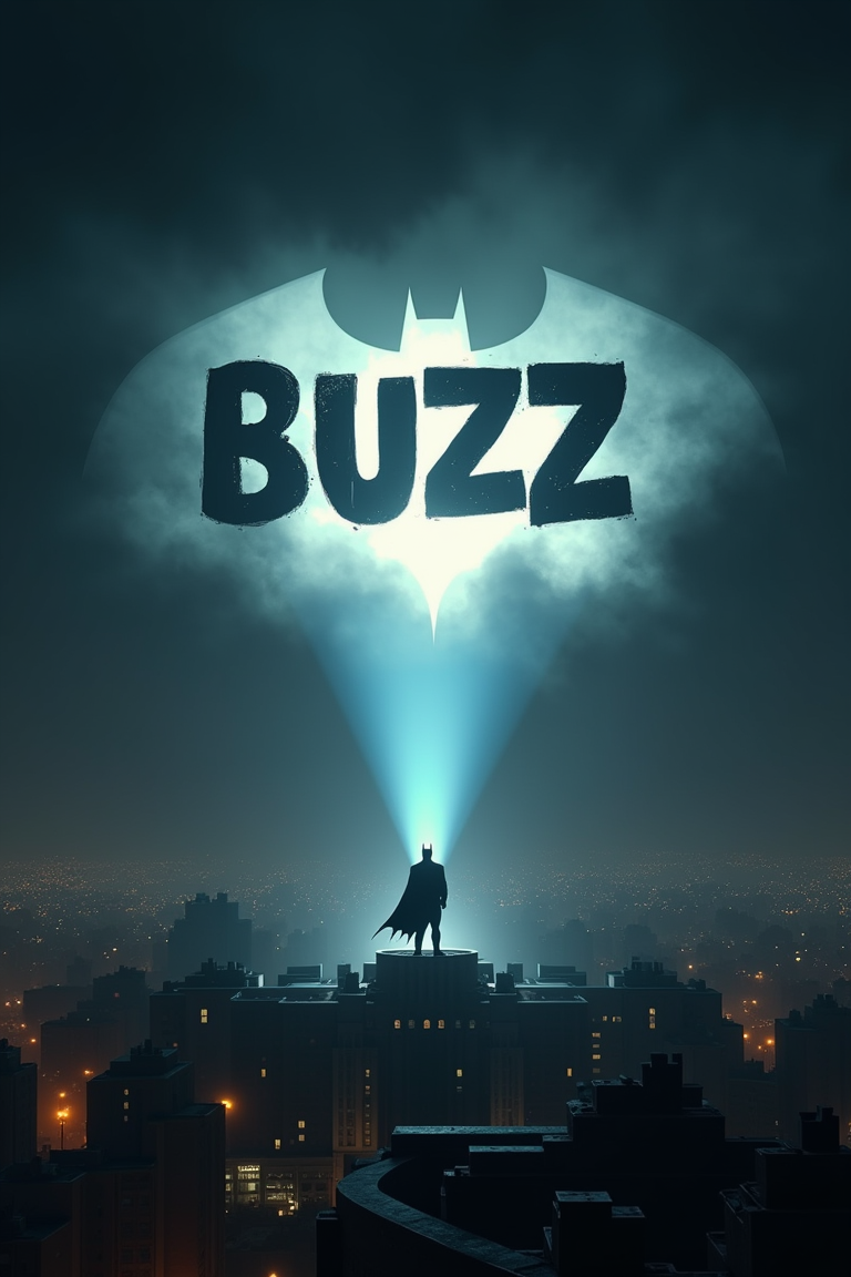 A hyper-realistic, surreal night scene reminiscent of a Batman movie, where a powerful spotlight beams up from the city's ground, cutting through the dark sky. The beam forms the word 'BUZZ' in bold, glowing letters across the clouds, similar to the iconic Bat-Signal. The city below is intricately detailed, with shadows and lights creating a dramatic, cinematic atmosphere. The scene captures the mystery and intensity of the moment, blending reality with a fantastical, heroic vibe."BUZZ" in black surrounded by light, brightly lit city,text blends into surrounding materials, The text has 60% transparency effect and the edges of the font are uneven,