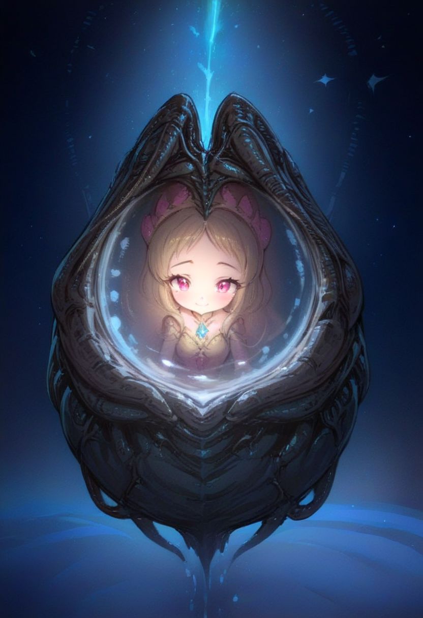 extremely cute xenomorph in space, disney princess, caric art, caricature, beautiful, adorable, 8k, hd, detailed, intricate details