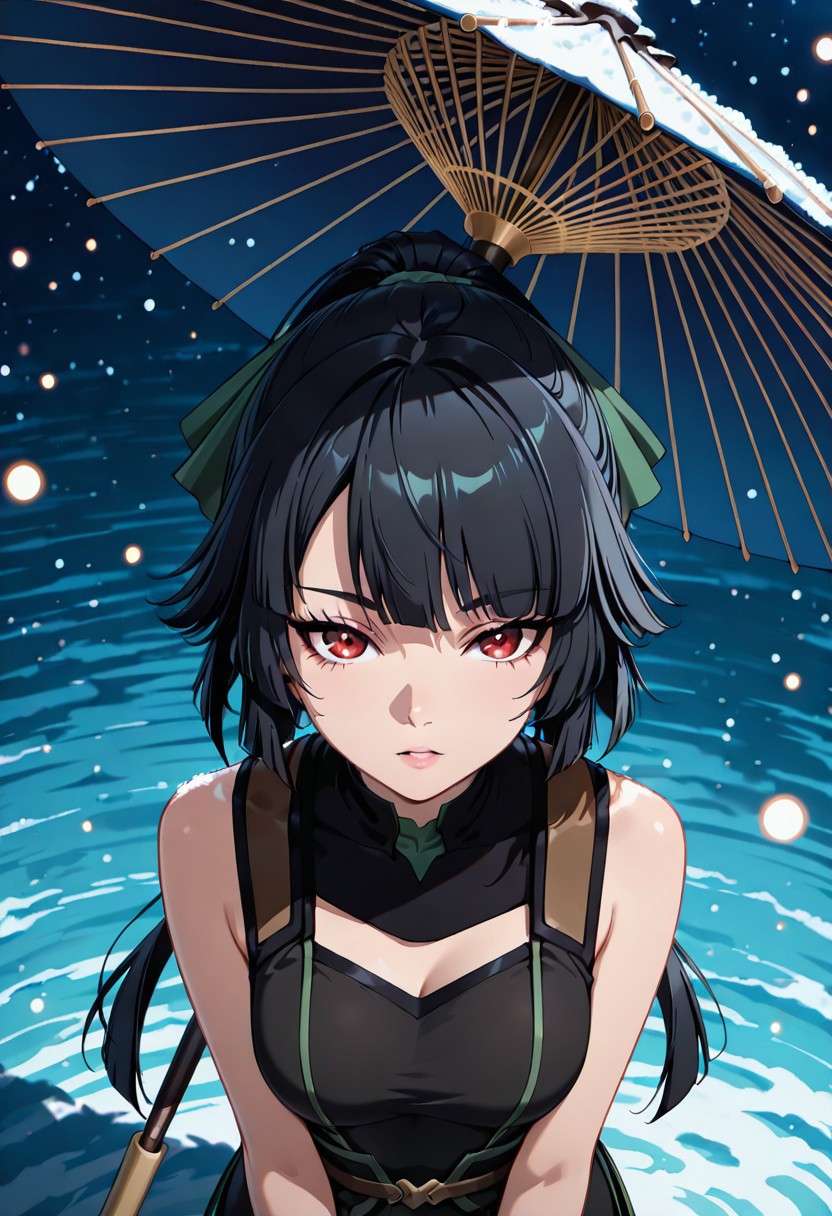 score_9, score_8_up, score_7_up, dynamic view, eye_focus, solo, looking_at_viewer, 1girl, 
masterpiece, best quality, bokeh, luminescent background,
( jasmine flamesworth,, black hair, pony tail, long hair, hair ribbon, green ribbon, red eyes,  small breasts,, sleeveless shirt, black shirt, brown belt, black pants, short boots, black boots,  ,  )
female solo, solo, bokeh, luminescent background, (beautiful detailed eyes), (best shadow), ((an extremely delicate and beautiful)), (detailed light), ((depth of field)), frontal view, (detailed eyes:1.5), perfect hands, perfect eyes, better hands, dynamic poses, upscale 2x, top view, 1girl, breasts,umbrella, cleavage, starry sky, star \(sky\), oil-paper umbrella, snowing, solo,, looking at viewer, snow, night sky, night, large breasts, parted lips, rain, sky, upper body,
