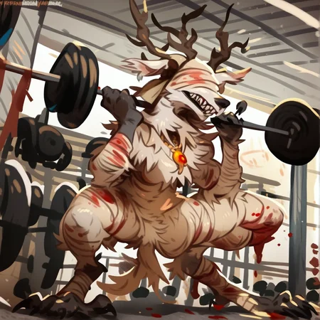full body, <lora:Vicar_Amelia_Bloodborne-000007:1> futanari anthro bbvicamelia, lifting weights in a gym,white fur, sharp teeth, claws, paws, digitigrade, golden pendant necklace, bloody bandages, <lora:khyle. style:1> khyle., detailed, masterpiece,score_9, score_8_up, score_7_up, score_6_up, best quality