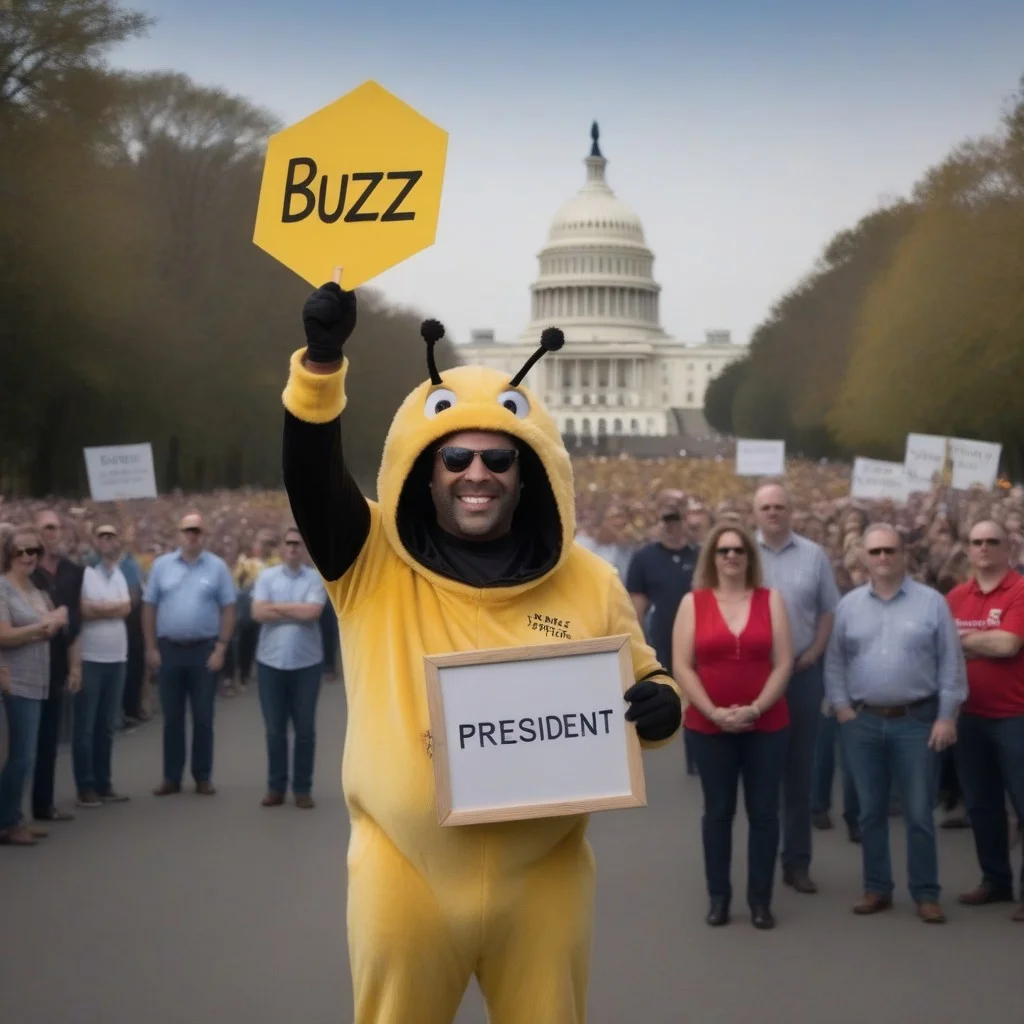 Politician wearing a bee costume holding a sign that says "Buzz For President"