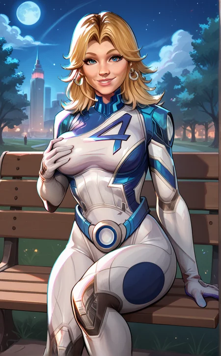 score_9, score_8_up, score_7_up, absurdres, a female sitting on a bench in the park at night, looking at viewer, smiling, sitting, on bench, breast grab, outside, park, trees, moon, starry night, <lora:PONYXL_MarvelRivalsSueStorm_ownwaifu:1>, BREAK PONYXL_MarvelRivalsSueStorm_ownwaifu, 1girl, blue belt, blue bodysuit, flipped hair, long legs, narrow waist, number print, skin tight, toned, two-tone bodysuit, white bodysuit, blonde hair, blue eyes, lips, long hair, jewelry, medium breasts, hoop earrings, nose, gloves, large breasts, superhero, earrings, blue gloves, parted bangs, multicolored clothes, bangs, pilot suit, white gloves, multicolored bodysuit, shiny hair, pink lips, thick eyebrows, thick thighs, turtleneck, covered abs, <lora:add-detail-xl:0.15>,