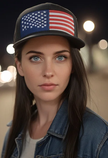 30yo woman holding an American flag.
Blue eyes. perfecteyes 
Wearing Denim jacket trucker hat. 
Long dark black slick back hair. No makeup. Dusk, Street light. Looking at camera POV. Slight smile, tilting head.. Tilt head.
Medium Close Up shot. Bokeh. Bokeh light.