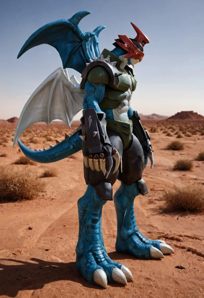 realistic, high detail, carapace armor, dragon scales feet, lizard scales arms, dragon scale tail, dragon wings, big claws, gundam helmet, desert, red eyes, side view, metal spikes, weapon, muscular, gold eyes, big claws,