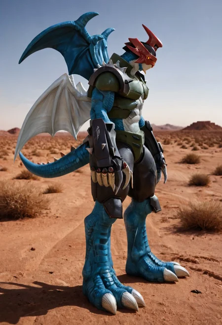 realistic, high detail, carapace armor, dragon scales feet, lizard scales arms, dragon scale tail, dragon wings, big claws, gundam helmet, desert, red eyes, side view, metal spikes, weapon, muscular,  gold eyes, big claws,