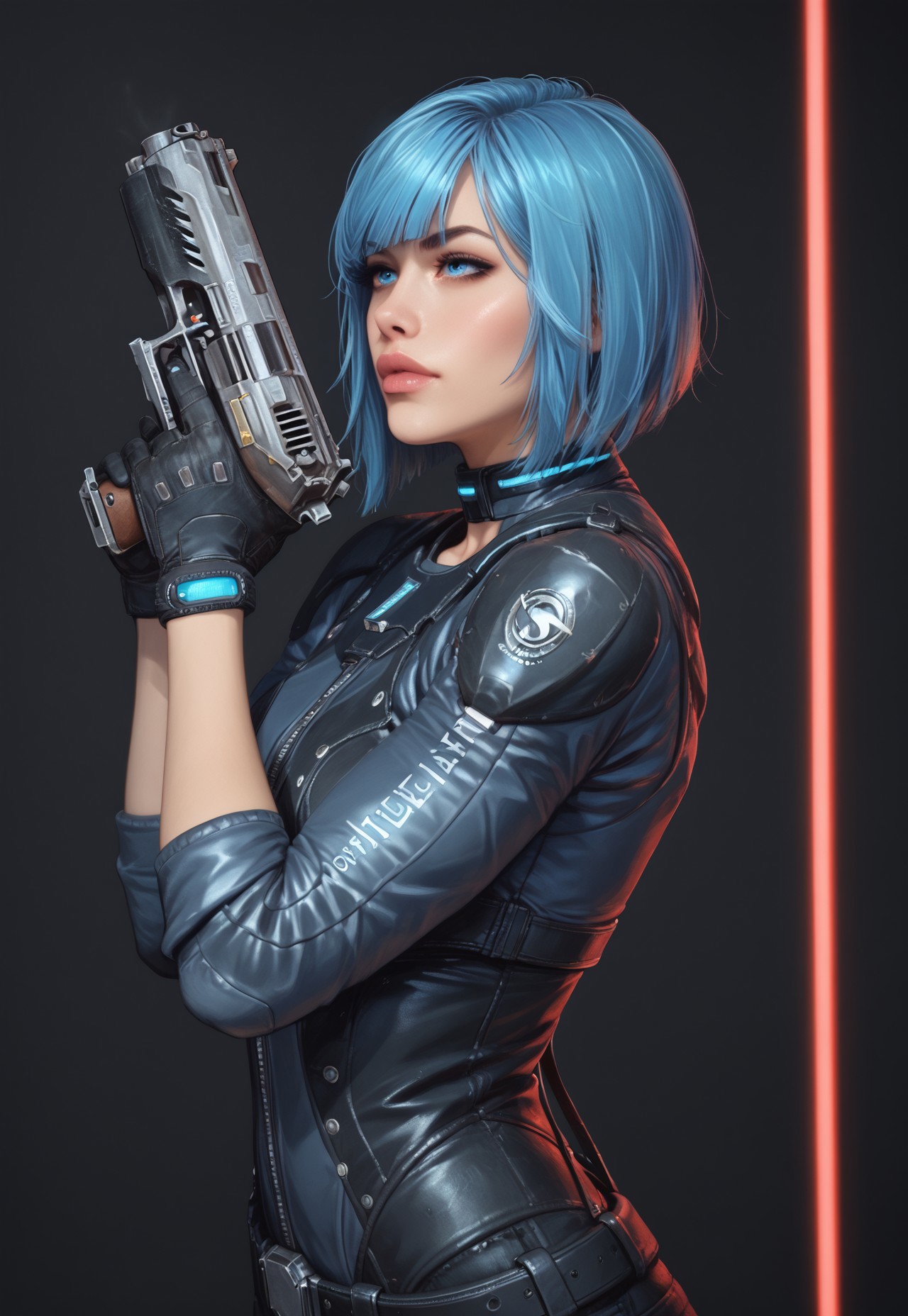 safe_pos, core_9, score_8_up, score_8, semi realistic, ultra detailed, 8k, high quality, hi res, high quality, detailed eyes, perfecteyes, detailed face, 1girl, (1girl:1.2), Nyx from Quake Champions, futuristic assassin outfit, (((pistol in hand))), pale skin, ((glowing bobcut blue hair, side bangs)), realistic, cinematic angle, cinematic lighting, athletic body, intense face, glowing blue eyes, stealthy pose
BREAK
infiltrating a high-tech corporate facility at night
BREAK
source_sci_fi_art, rating_explicit, expressive, half body, ((side view, dynamic pose))
BREAK
detailed beautiful background, futuristic architecture, neon lights, advanced security systems, holographic displays, dark shadows, tense atmosphere
(((full clothed)))