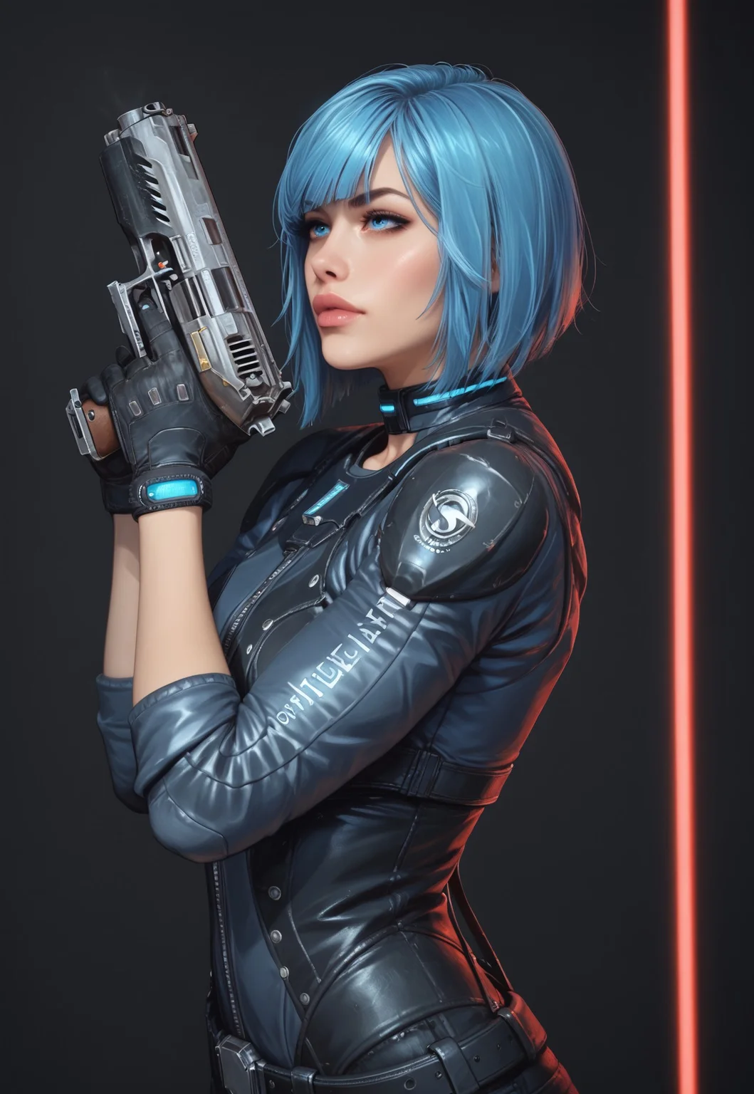 safe_pos, core_9, score_8_up, score_8, semi realistic, ultra detailed, 8k, high quality, hi res, high quality, detailed eyes, perfecteyes, detailed face, 1girl, (1girl:1.2), Nyx from Quake Champions, futuristic assassin outfit, (((pistol in hand))), pale skin, ((glowing bobcut blue hair, side bangs)), realistic, cinematic angle, cinematic lighting, athletic body, intense face, glowing blue eyes, stealthy pose
BREAK
infiltrating a high-tech corporate facility at night
BREAK
source_sci_fi_art, rating_explicit, expressive, half body, ((side view, dynamic pose))
BREAK
detailed beautiful background, futuristic architecture, neon lights, advanced security systems, holographic displays, dark shadows, tense atmosphere
(((full clothed)))