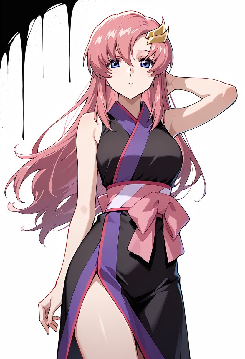 masterpiece, best quality, 1girl, cute, Lacus Clyne, wearing kimono, bare shoulders, bare arms, white background, empty void, (cowboy shot: 1.5), looking at view, one hand on hip, one hand behind head,