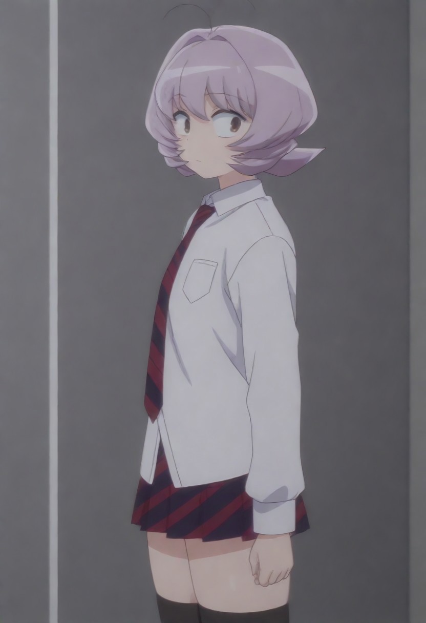 masterpiece, best quality, amazing quality,,, shiny skin,,,,,<lora:Osana_Najimi_cnn:0.8> osananajimicnn,,short hair, brown eyes,androgynous, light purple hair, school uniform, white shirt, striped necktie,striped skirt, pleated skirt,black thighhighs,