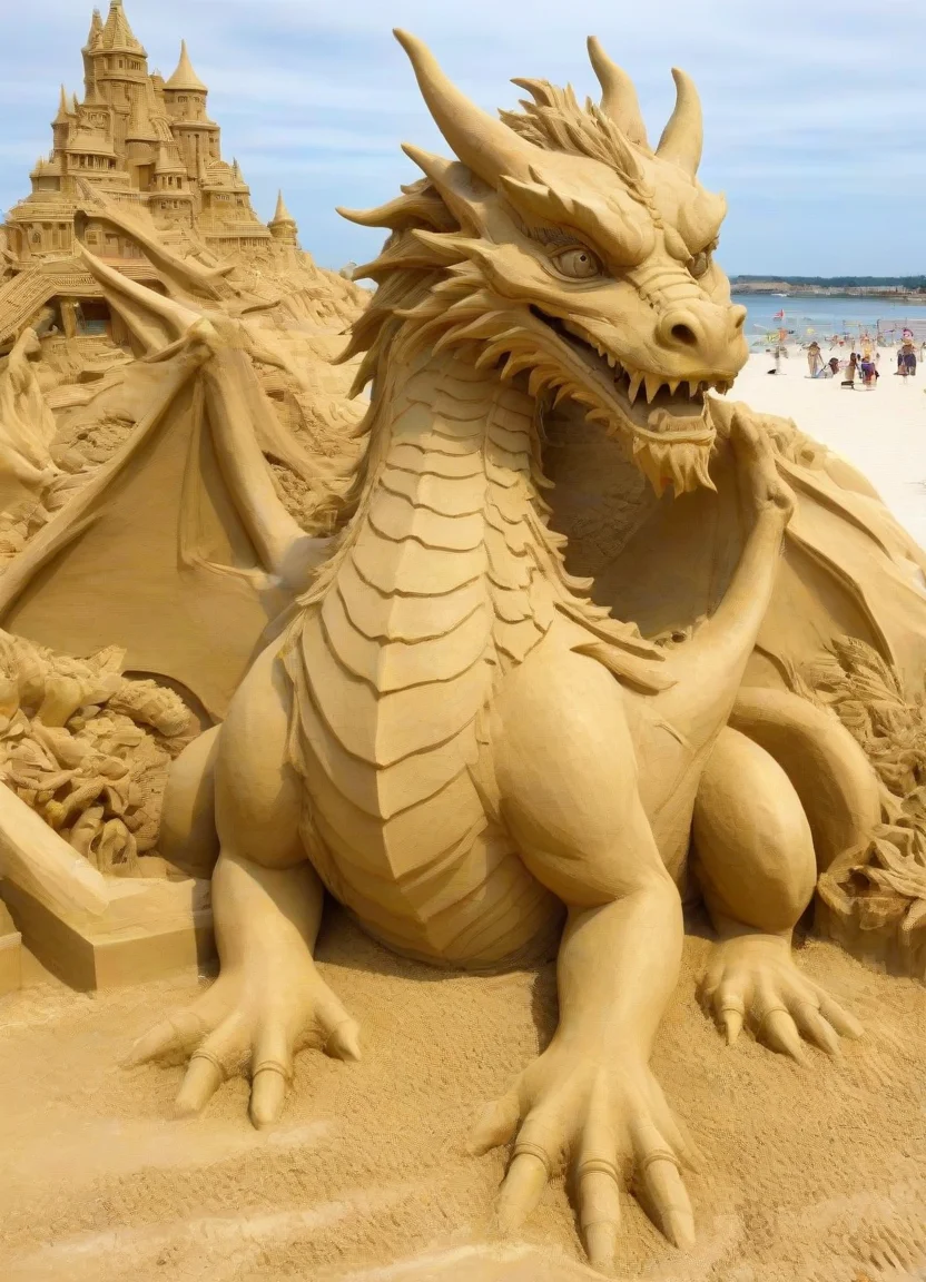 <lora:PE_SandSculpture:0.8> PESandSculpture, sandsculpture, sand,
beautiful dragon,
on beach, sunshine,
masterpiece, high resolution, octance 4k, high detail,
professional photo, cinematic,