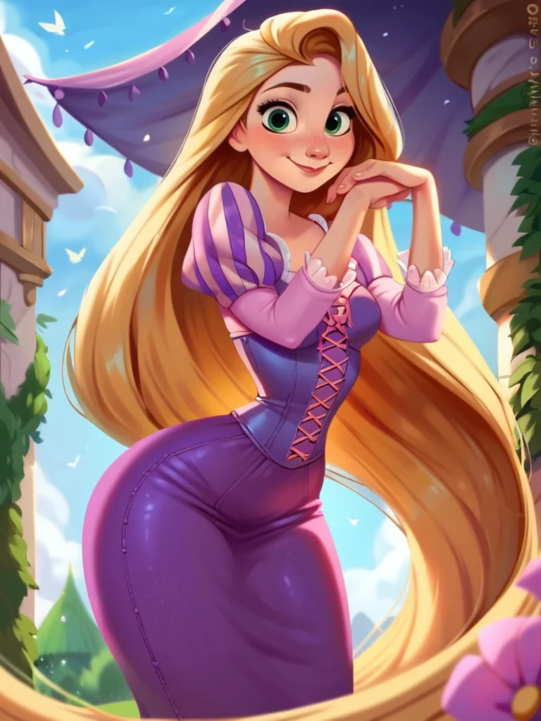 score_9, score_8_up, score_7_up, score_6_up, RapunzelWaifu in a balcony in the top of a tower, leaning forward, cute pose, medium breasts, narrow waist, wide hips, thick thighs, smile, blue eyes, purple dress, puffy sleeves, very long hair, blonde, green eyes, anime style, looking at viewer, cute, detailed landscape, cowboy shot, cartoon, 4k, masterpiece,
<lora:RapunzelPonyXL_character:0.7>