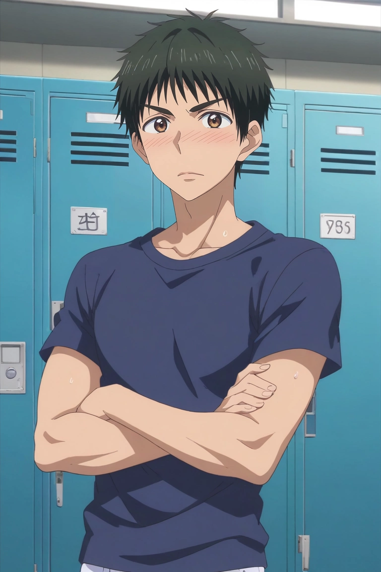 score_9, score_8_up, score_7_up, source_anime, rating_safe, intricate details, anime screencap, , official style, , , 1boy, solo, male focus, <lora:yuusuke_igarashi_pony:0.74>, yuusuke_igarashi, black hair, brown eyes, short hair, asymmetrical, locker room, day, clouds, crossed arms, embarrassed, nose blush, , <lora:sdxl_lightning_8step_lora:1>