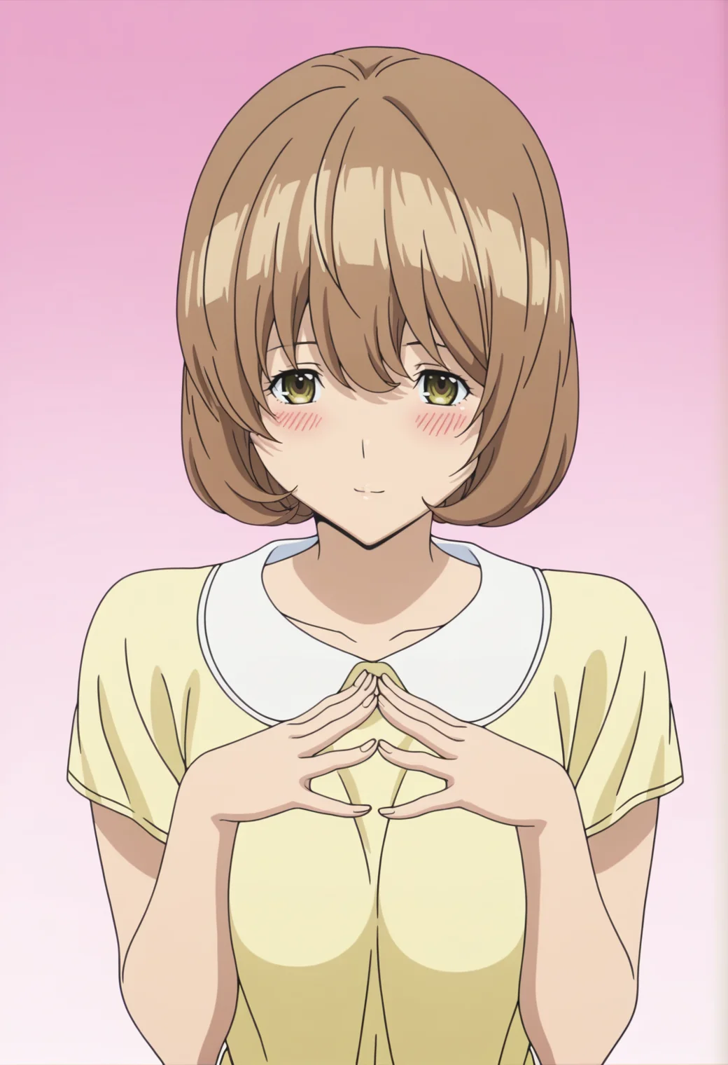 masterpiece, best quality, amazing quality, anime screencap, 1girl, <lora:DX888YurikoIL:1> aoki yuriko, bob cut, light brown hair, yellow eyes, light smile, blush, collared dress BREAK pink background gradient background, BREAK from above,
symmetrical hand pose,