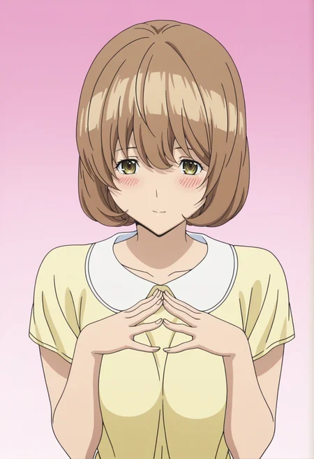 masterpiece, best quality, amazing quality, anime screencap,  1girl,   <lora:DX888YurikoIL:1> aoki yuriko, bob cut, light brown hair, yellow eyes, light smile, blush,   collared dress BREAK pink background gradient background, BREAK  from above, 
 symmetrical hand pose,