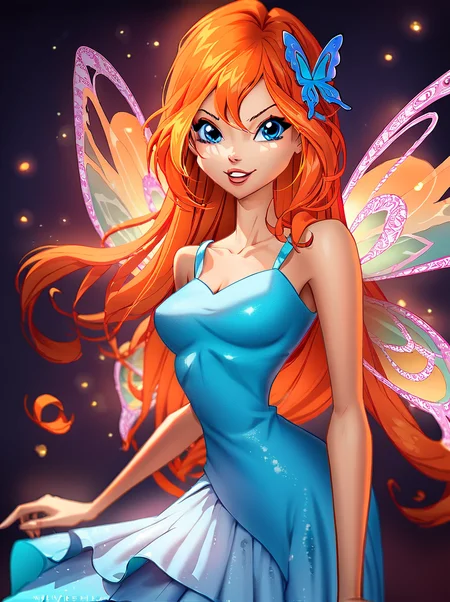 score_9, score_8_up, score_7_up, source_cartoon,
<lora:WinxAndTrixPony:0.8>,winxtrix,
,bloom,,cartoon style, butterfly wings, wings, long hair, 1girl, solo, dress, orange hair, fairy, blue eyes, hair ornament