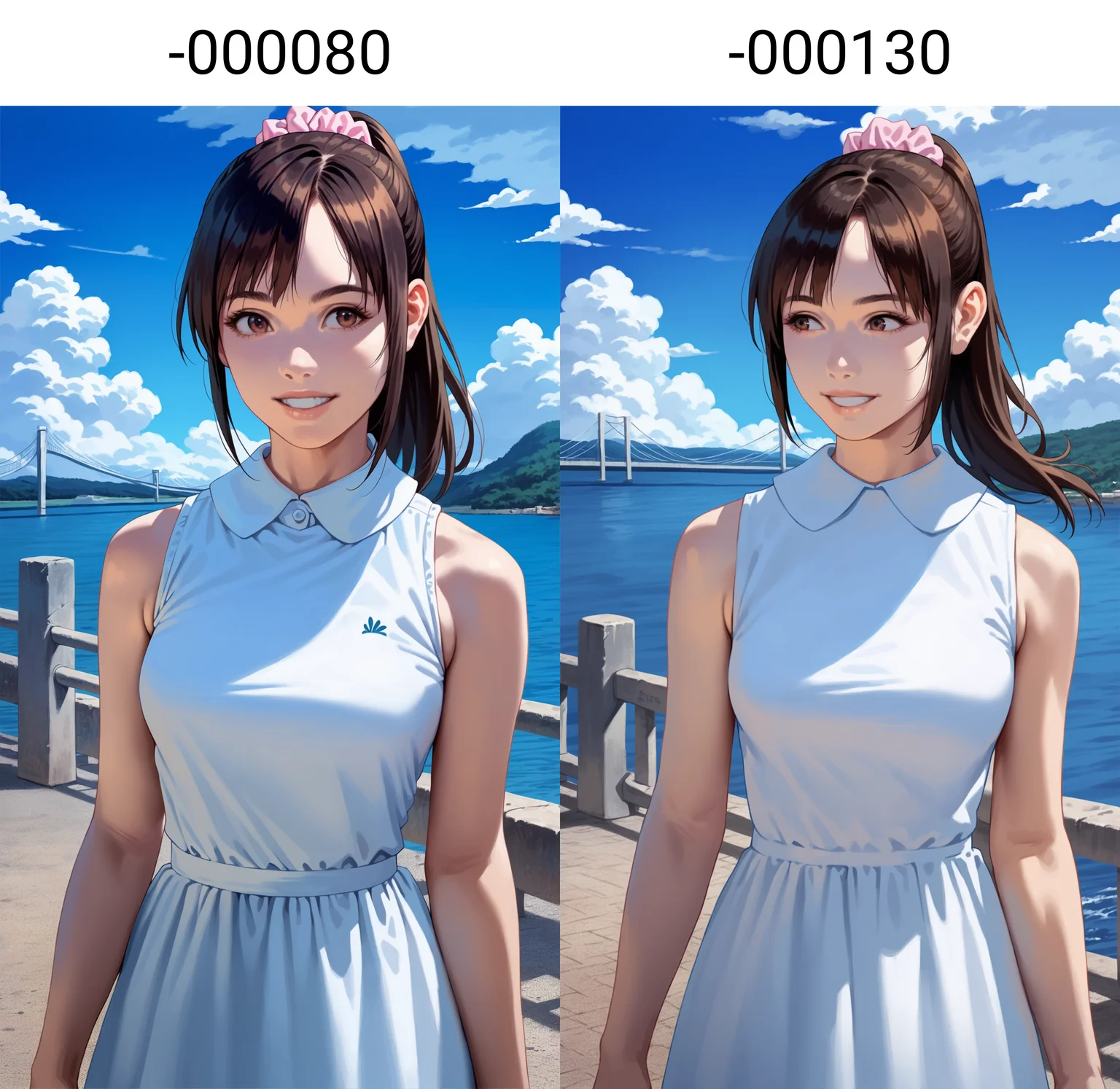 score_9,score_8_up,score_7_up,<lora:miiyamotoHikari-000080:0.8>,
miiyamotohikari,
1girl,solo,black hair,ponytail,bangs,pink scrunchie,brown eyes,sleeveless white dress,white collar,eyes looking forward,grin,medium breasts,upper body,from below,
outdoors,blue sky,sea,cloud,street,railings,distant large bridge,distant mountains,clear blue sky,soft clouds drifting,summer,beautiful landscape,vignetting,blurry background,