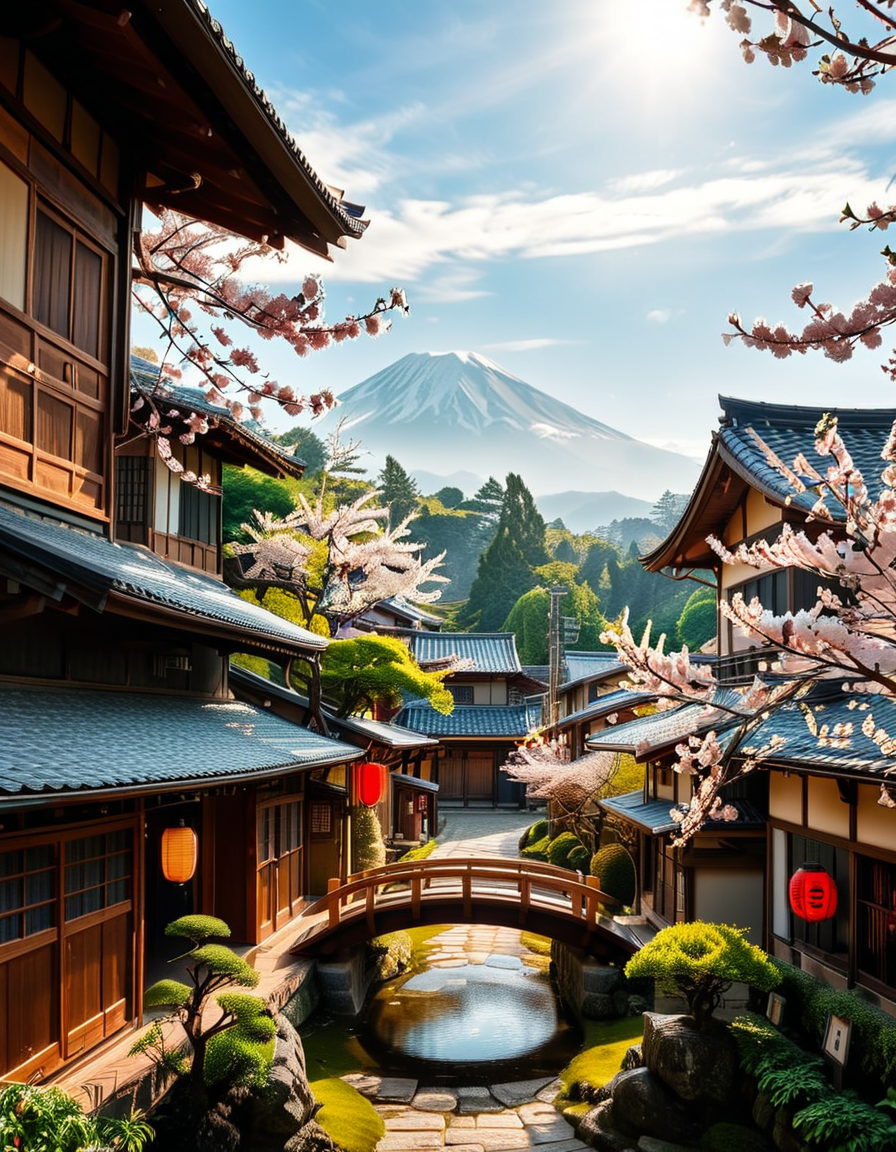 A picturesque traditional Japanese village nestled in a serene valley, surrounded by lush green mountains under a soft morning mist. The village consists of wooden houses with thatched roofs (gassho-zukuri style), showcasing intricate wooden details and sliding paper doors. A narrow stone-paved path winds through the village, leading to a small red torii gate at the entrance of a Shinto shrine. Cherry blossoms in full bloom line the streets, their pink petals gently falling in the breeze. A tranquil river flows through the village, crossed by an old wooden bridge with moss-covered stones. Villagers in traditional kimonos and straw hats go about their daily livesâan elderly man sweeping his porch, a woman carrying a basket of fresh produce, and children playing near a koi pond. The atmosphere is peaceful and nostalgic, with warm sunlight filtering through the trees, casting dappled shadows on the ground. The scene is rich in traditional Japanese aesthetics, evoking a sense of harmony and timeless beauty.
<lora:SDXLFaeTastic2400:0.4> <lora:extremely_detailed:0.4> extremely detailed,<lora:traditional_Japanese_v1ll4g3:1>,traditional Japanese v1ll4g3, Masterpiece,best quality,hi res,8k,hi res,8k,award winning,(sharp focus, intricate, highly detailed),