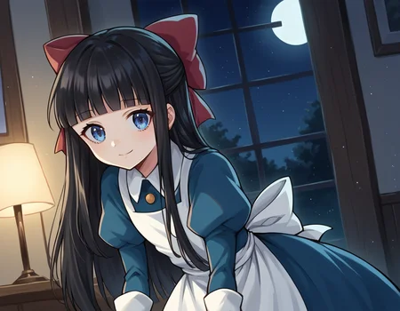 score_9, score_8_up, score_7_up, source_anime,
ayadrevis, <lora:aya-drevis-ponyxl-lora-nochekaiser:1>,
aya drevis, long hair, blue eyes, black hair, hair bow, red bow, bangs, blunt bangs,
long sleeves, dress, frills, puffy sleeves, apron, blue dress,
indoors, night, moon, bent over, smile,
solo, looking at viewer, cowboy shot, dutch angle,