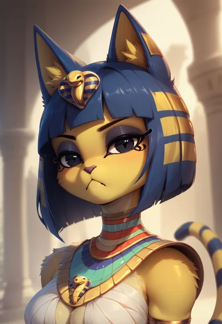 score_9, score_8_up, score_8, source_furry, 1girl, furry, cat girl, ankha, solo, cybrk, egyptian, scifi armor, looking at viewer with bored black eyes, snake hair ornament, blurred background, Expressiveh
