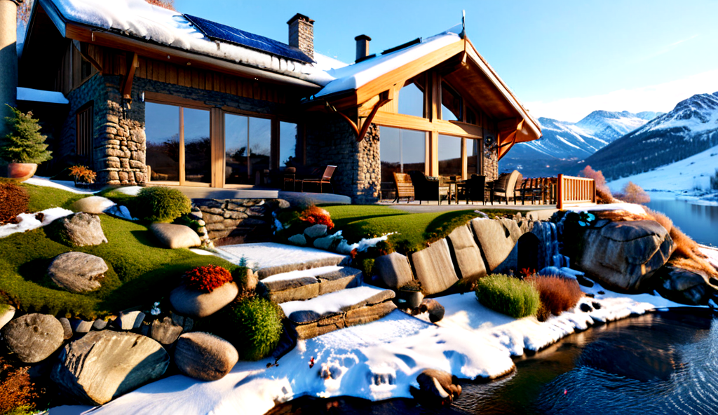 ultra-realistic image with high resolution and stable focus correct and accurate anatomy, correct and accurate objects, perfect detail, in the architectural style of a family house built of stone and wood merging with nature, designed for ecological neutrality of natural materials, in the mountains, forest ,garages,wide porch,outbuildings,table chairs,barbecue,fire pit,swimming pool,cut into the rocks,grass roof,steps,stone path,waterfall,lake,river,ultra realism,photo realism,single story,multi story,slope, wind generators, solar panels, sunset, (winter season), snow, frozen lake, close-up <lora:MJ52_v2.0:1> <lora:xl_more_art-full_v1:1> <lora:houses_merging_with_the_natural_environment_r1:0.4>