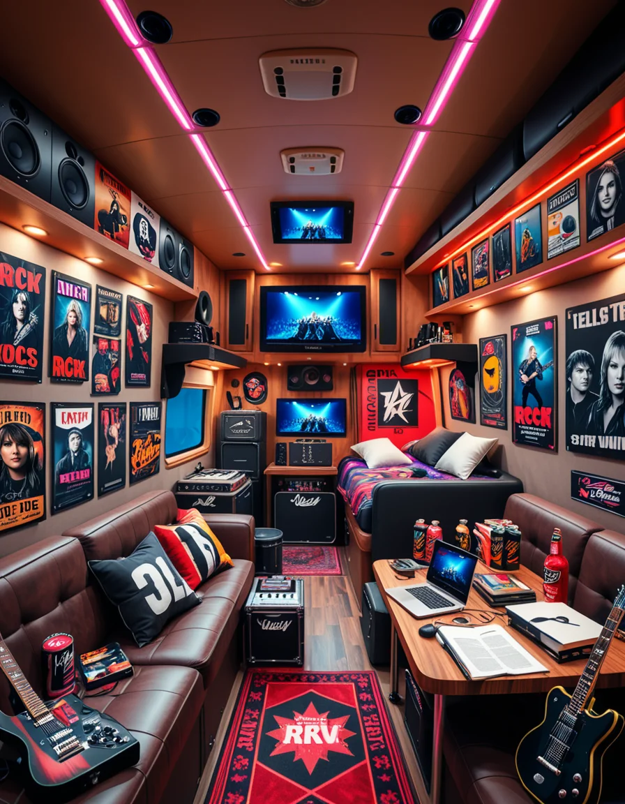 The interior of a modern RV customized for a rock band on tour. The space is stylish and lived-in, filled with musical gear like guitar cases, amps, and a drum pad. Posters of famous rock bands and tour memorabilia cover the walls. There are leather couches, a small kitchenette with snacks and energy drinks, and a cluttered table with laptops, cables, and setlists. A narrow hallway leads to sleeping bunks with personal items like headphones, books, and clothes tossed around. The lighting is warm with LED strips in red and purple tones, giving it a cozy but edgy atmosphere. A small TV displays concert footage, and speakers are mounted on the ceiling. The whole scene feels energetic, artistic, and chaotic in a creative way. Realistic style, rich colors, and highly detailed environment.
<lora:SDXLFaeTastic2400:0.4> <lora:extremely_detailed:0.4> extremely detailed <lora:r0ck_b4nd_rv:1>r0ck b4nd rv, Masterpiece,best quality,hi res,8k,hi res,8k,award winning,(sharp focus, intricate, highly detailed),