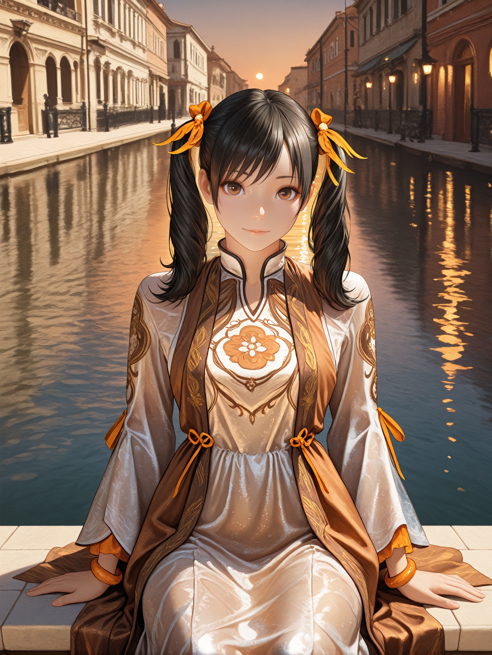 masterpiece, best quality, amazing quality, very aesthetic, absurdres, newest,
<lora:ILTKXiaoyu:1.0>
TKXiaoyu, 1girl, twin tails, black hair, brown eyes, looking at viewer, silk gown, Venice canals, warm evening light, water reflections, fine art photography, hyperrealism, sitting