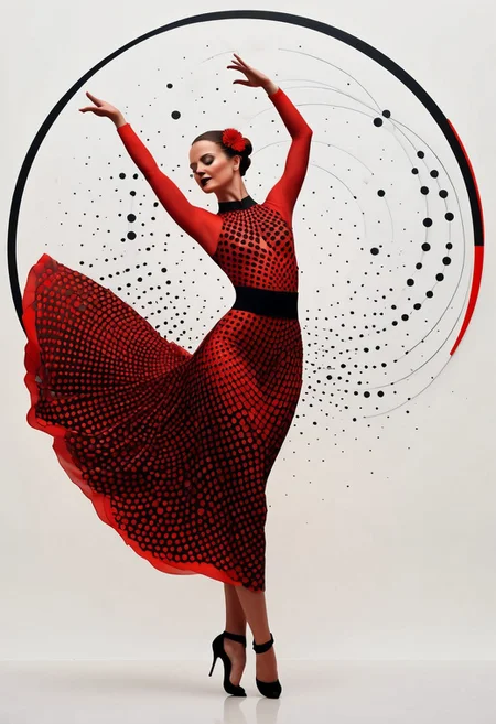 a detailed and intricate digital illustration features a woman dancing in a striking pose. the woman is positioned facing the viewer, her arms outstretched in a graceful arc. her hair, a vibrant red, is adorned with black dots and a white circle at the center of her head. her dress, a striking combination of red and black, is cinched at the waist with a black belt. the backdrop is a stark white, providing a stark contrast to the woman's striking image.