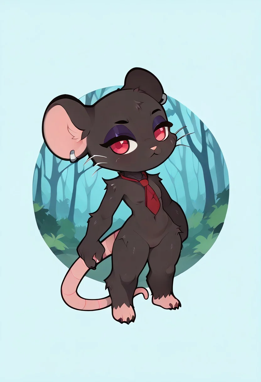 score_9, score_8_up, score_7_up, score_6_up, female, solo, CamillePXL rodent rat, chibi, (short stack:1.2), black body, rat tail, 5 fingers, claws, (skinny slim petite:0.8), barefoot, wearing tie, navel, QiqiFallen, narrowed eyes, glimmering shining eyes, red eyes, (detailed background, forest background:1.4), cinematic lighting