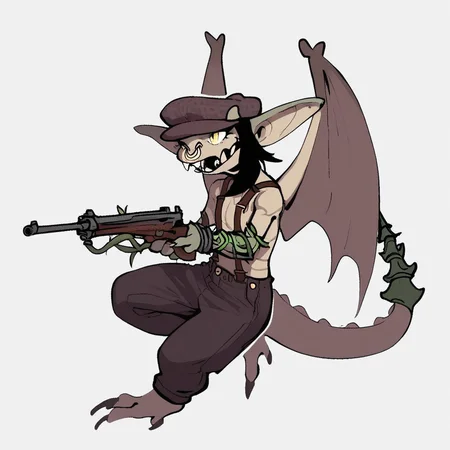 score_9,score_8,score_7,source_furry,1girl, ivy_deadlock, gargoyle, gargoyle girl, solo, weapon, wings, holding, tail, open mouth, gun, holding weapon, suspenders, teeth, yellow eyes, simple background, furry, furry female, pants, black hair, hat, sharp teeth, white background, pointy ears, dragon girl, claws, lizard tail