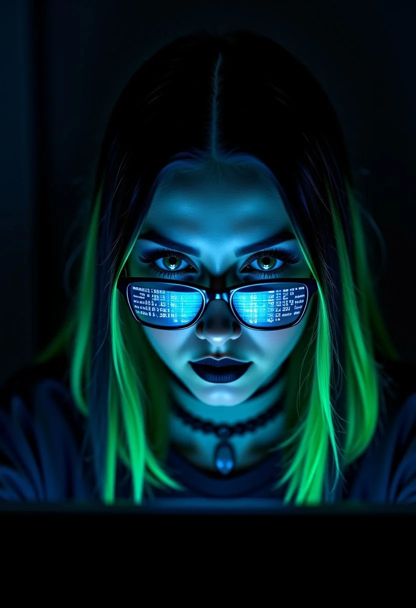 Incredible background, extreme closeup of Stunning female cyberpunk hacker, straight-cut two-tone hair, black with neon green highlights pop culture glasses, dark eye-shadow, black lipstick, looking at an unseen computer screen, her glasses reflecting neon blue mirrored, reversed ASCII analog text on a black background, Perfect Composition, realistic photographic image, RAW photo highest quality, perfect directional lighting, incredible cover photo, best background