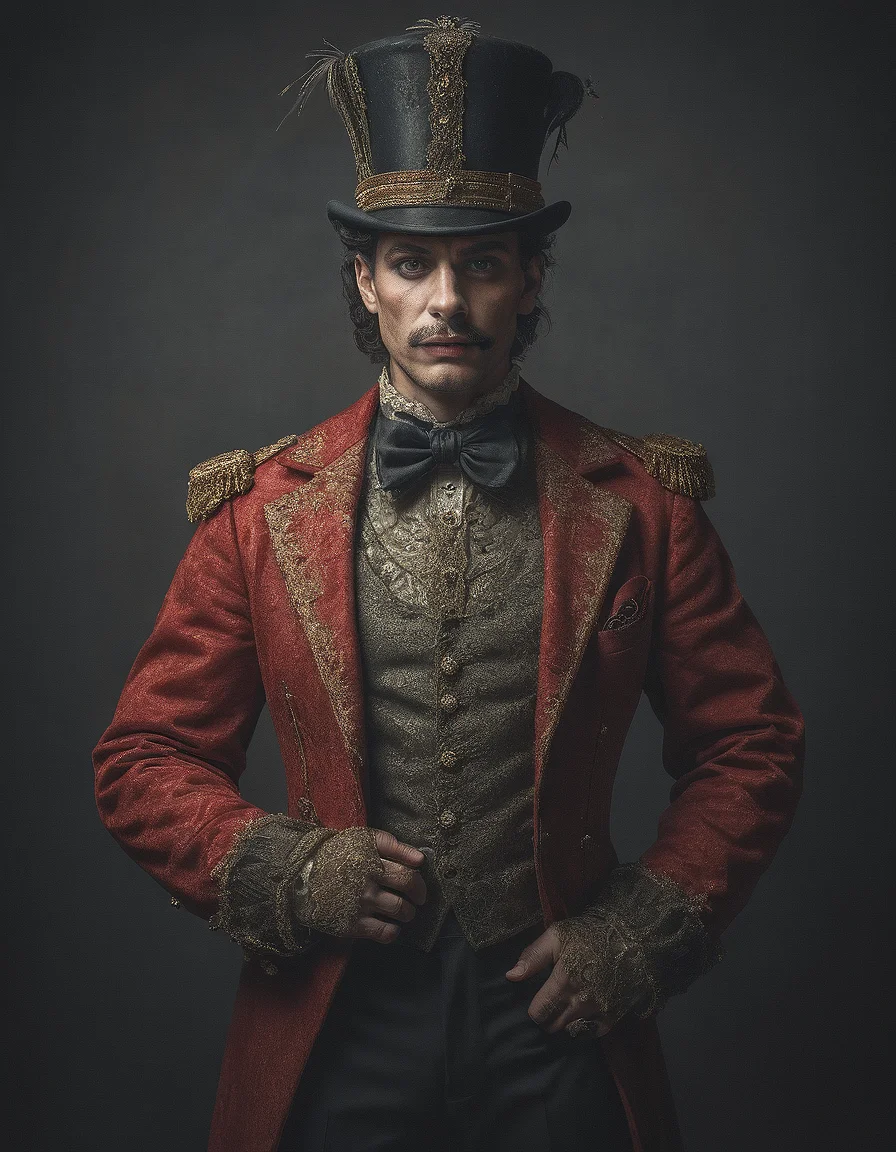 Fashion photography, full body, front view, male model, dark circus costume, award-winning portrait, UHD, 8K, ultra detailed, award-winning, flat black background