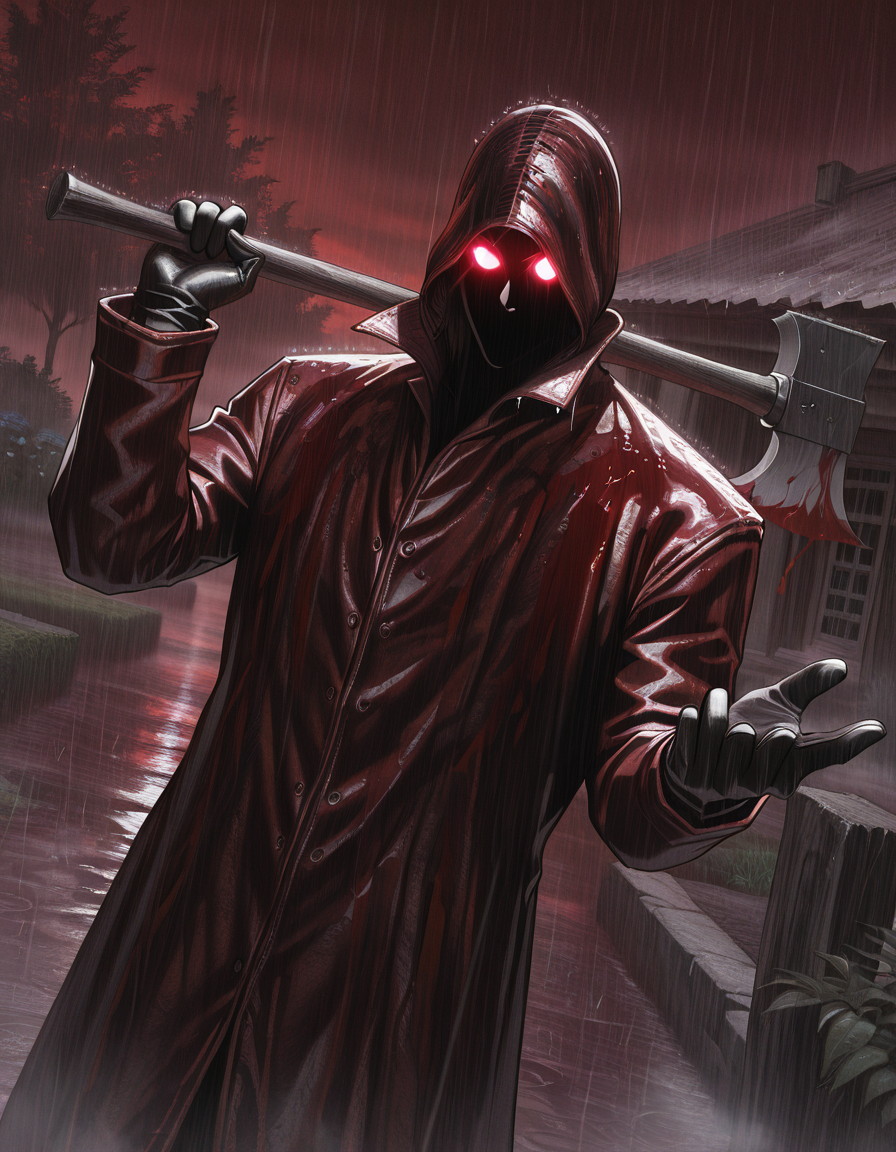 Masterpiece, anime, pastel, hires, detailed face and eyes, ultra quality, Beautiful background, garden, sharp quality, 1boy, dp_killer, solo, {{very glowing eyes}}, holding,  holding huge wood axe, coat, rain, <lora:Deadly_Premonition_raincoat_killer:1> blood on coat,,  gesture stop, glowing , glove, Dutch angle, bust body, corpses around, red sky, fog, dynamic  pose, surrealism, red three,