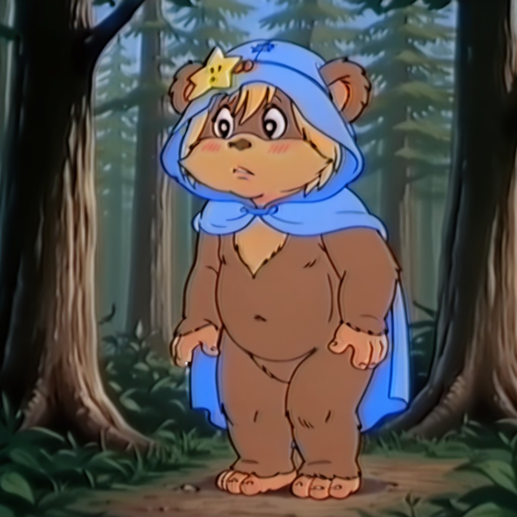 masterpiece, best quality, amazing quality,MalaniSWEil, semi-anthro, female ewok, brown fur, blonde hair, short hair, black eyes,  blue hooded cloak, star ornament, outside, standing, in a forest, full body, <lora:e2b44502-fe8f-4a31-a573-8a3c304132a6:1.0>