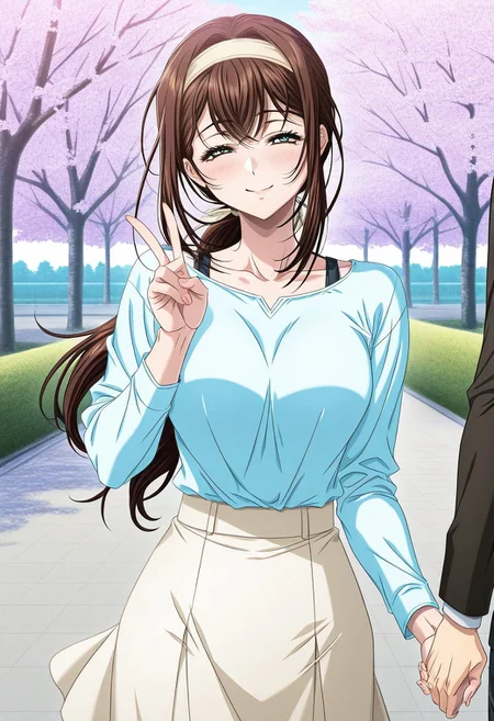 masterpiece, best quality, newest, highres, uncensored, 1girl, yokota mamoru style,1girl, slender face,motion lines,blush,torogao,looking at the viewer,seductive smile
Asai Sayaka,Brown Hair, Ponytail,Blue Eyes,Medium Breasts, Slim,long hair
1girl,solo
1girl, 1boy, family, cherry blossoms, closed eyes, tree, hairband, v, skirt, holding hands, smile, blue eyes, outdoors, long hair, blush, yellow eyes, long sleeves