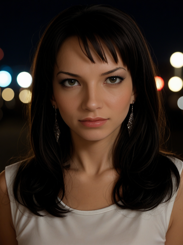 face focused, nighttime photography, neon lights, reflective streets, movie still, ultra detailed, portrait, BREAK
SabrinaK4mo3i, Sabrina Kamoei, <lora:SabrinaK4mo3i-pony:1>, 
1girl, solo, portrait, makeup, lips, dark hair, bangs, vintage aesthetic, shirt, solo, looking at viewer, bokeh, focus, film, velvia, film grain, best quality, photograph, focus, earring, city streets