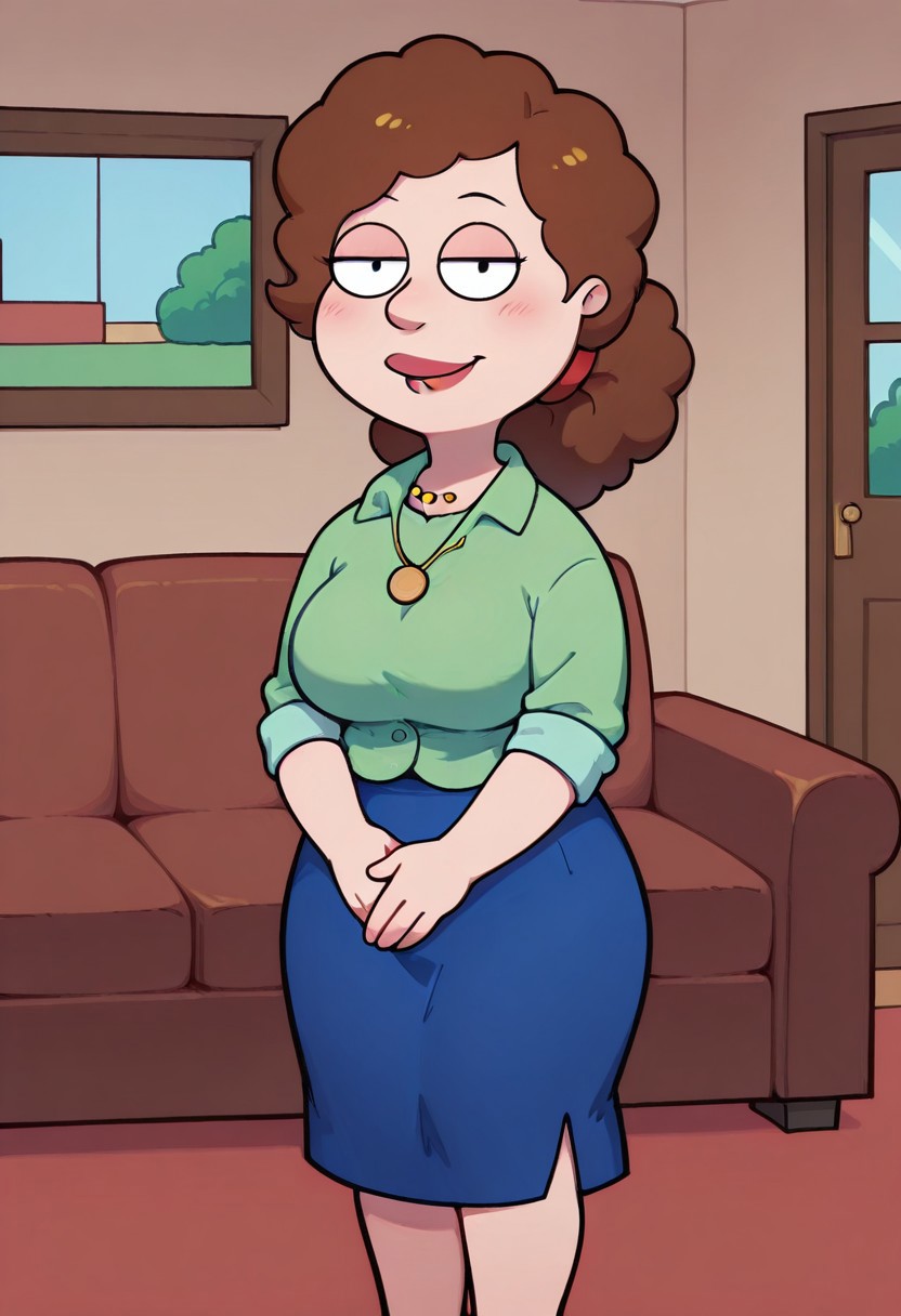 score_9, score_8_up, score_7_up, score_6_up, high quality, rounded eyes, style parody, cartoon style, 1girl, solo, living room, couch, indoors,
BREAK
unnamed girl, brown hair, black eyes, (mature female:1.5), (plump:1.2), large breasts, gigantic hips, green sweater, rolled up sleeves, blue skirt, stockings, own hand together, blush, smile, looking at viewer, long skirt, half-closed eyes, necklace,