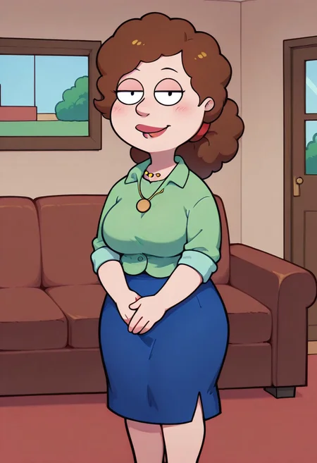 score_9, score_8_up, score_7_up, score_6_up, high quality, rounded eyes, style parody, cartoon style, 1girl, solo, living room, couch, indoors,
BREAK
unnamed girl, brown hair, black eyes, (mature female:1.5), (plump:1.2), large breasts, gigantic hips, green sweater, rolled up sleeves, blue skirt, stockings, own hand together, blush, smile, looking at viewer, long skirt, half-closed eyes, necklace,