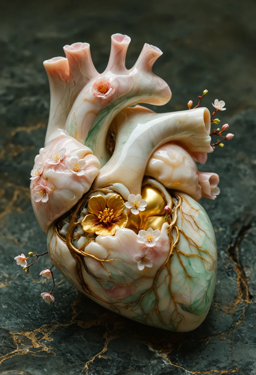 human heart with a creamy white and deep gold exterior resembling molten wax, with sinuous branching veins giving way to delicate cherry blossom branches and pale pink blooms on an alabaster marbled surface, nestled within a cavity a single rich red flower with accents of pale green leaves, blooms amidst shadowy darkened inner folds, <lora:DetailMaximizer:0.8>, <lora:MJ52_v2.0:1>, <lora:MJ52:0.3>